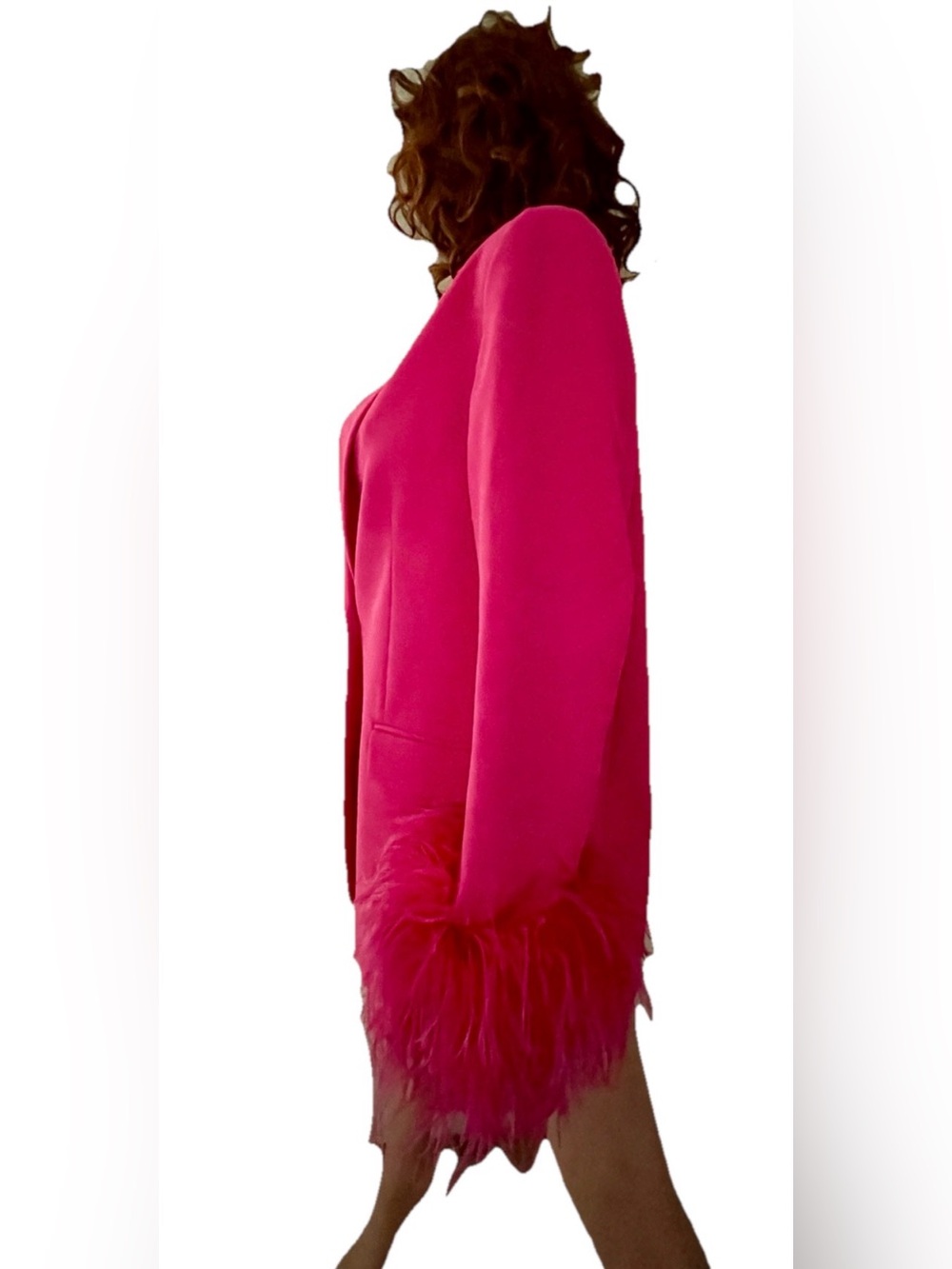 ZARA Straight Cut Hot PINK FEATHER BLAZER Jacket With Marabou Cuffs Size Large - Picture 4 of 13
